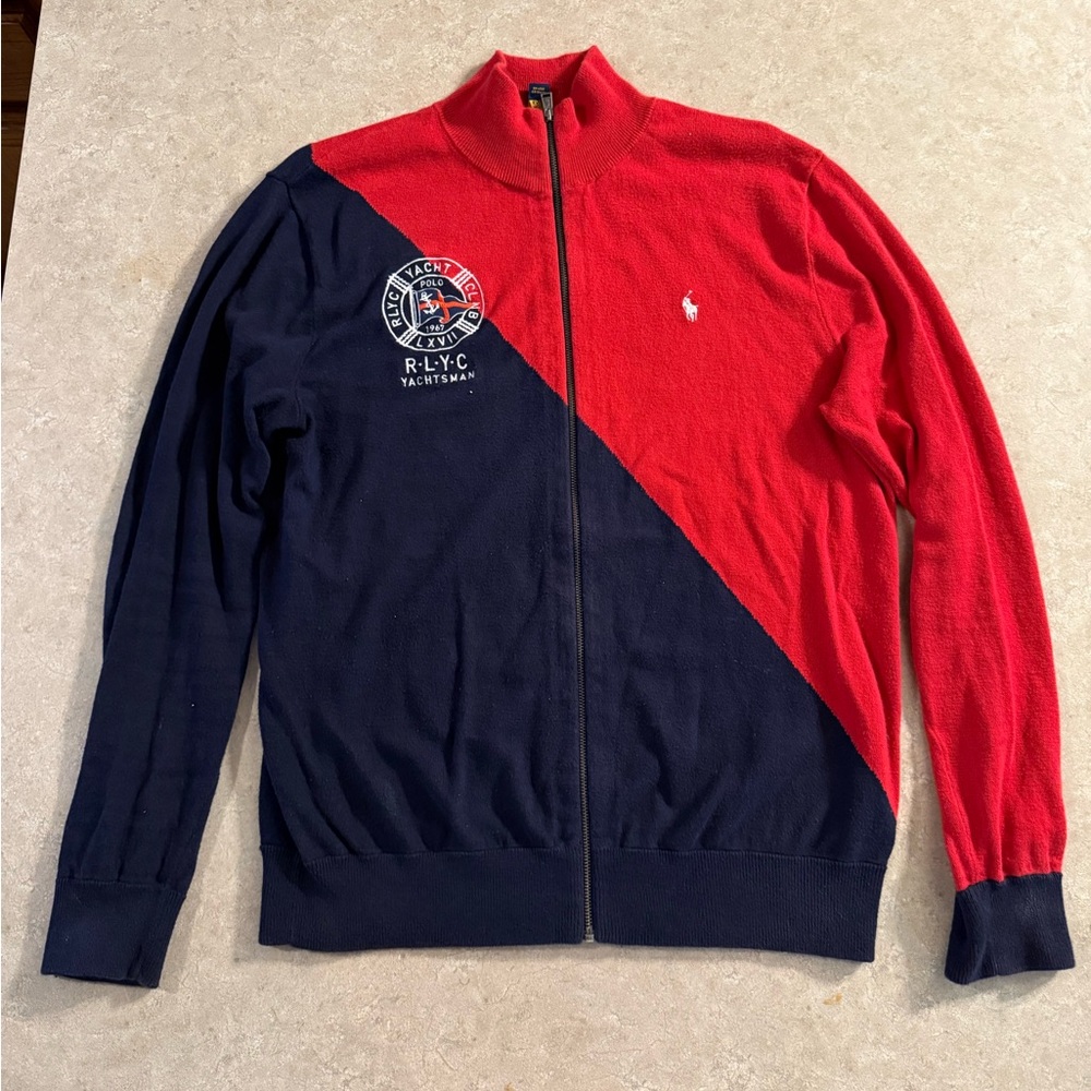 Ralph Lauren Red and Blue Zip-Up Sweater with Embroidery